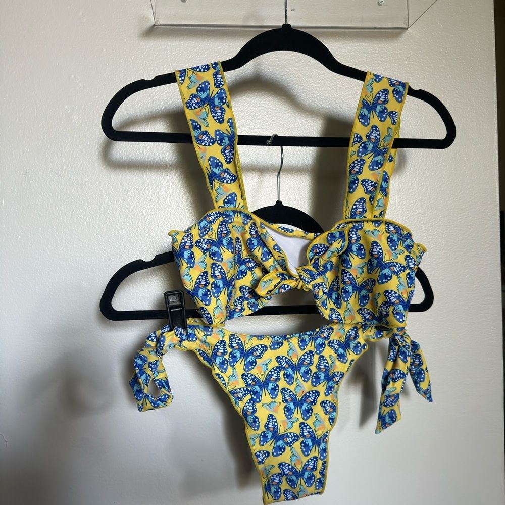 Butterfly Swim Suit / Bikini Set size Medium Yellow Blue Tie Beachwear